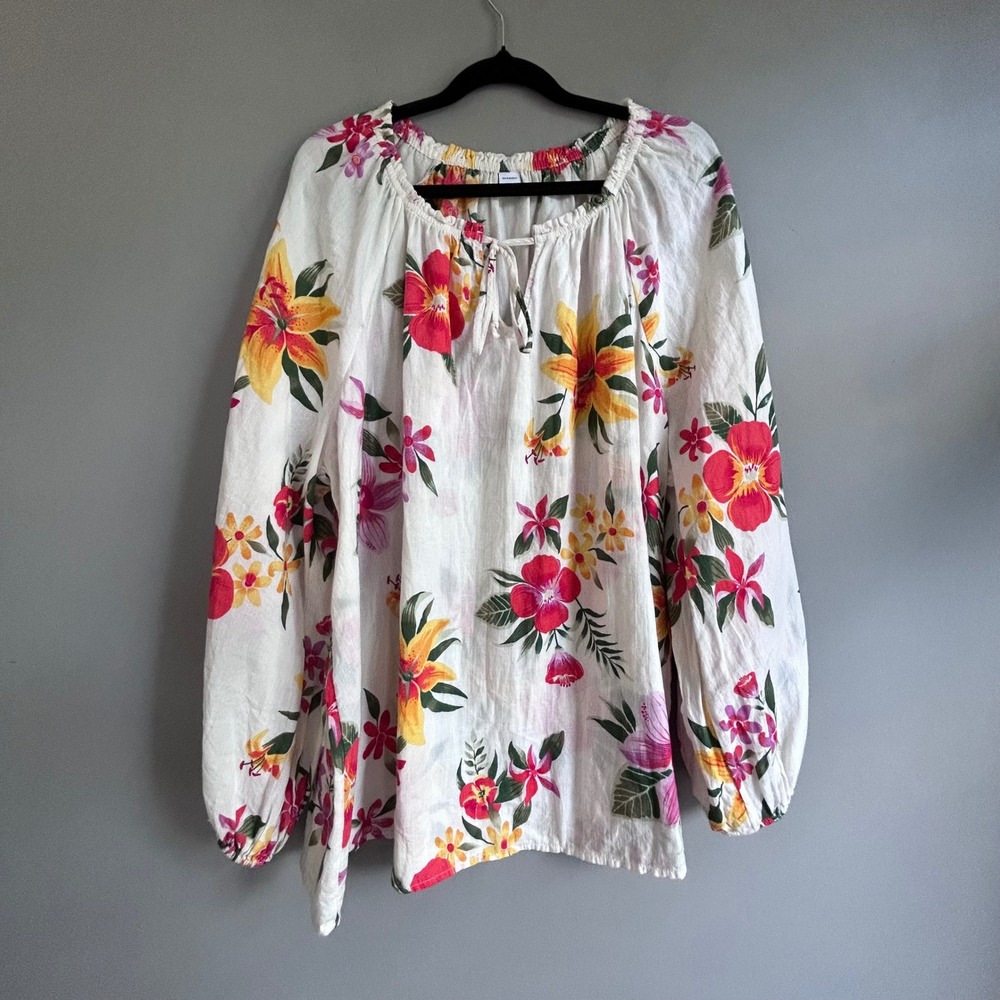 Old Navy XXL Women Floral Cotton Peasant Blouse White Red Yellow Balloon Sleeve